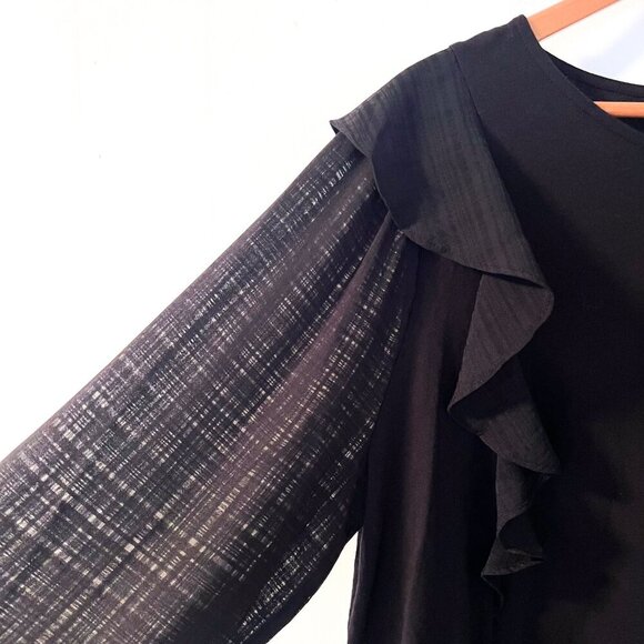 NEW J. Crew Ruffle-Shoulder Top Plaid Jacquard Sleeves Pullover Stretch Cotton L - Picture 9 of 13